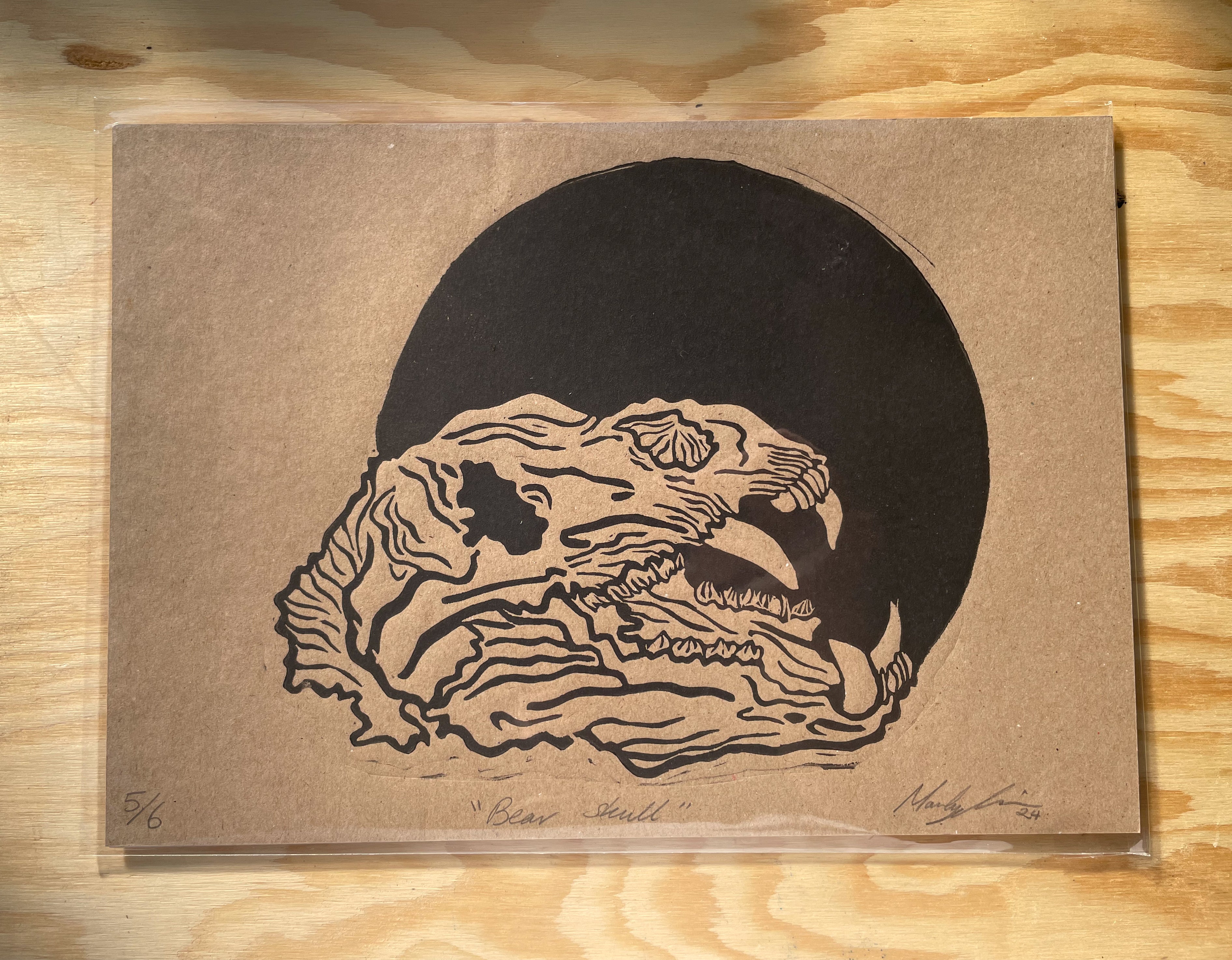Bear Skull Linocut Print