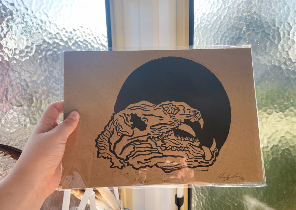 Bear Skull Linocut Print