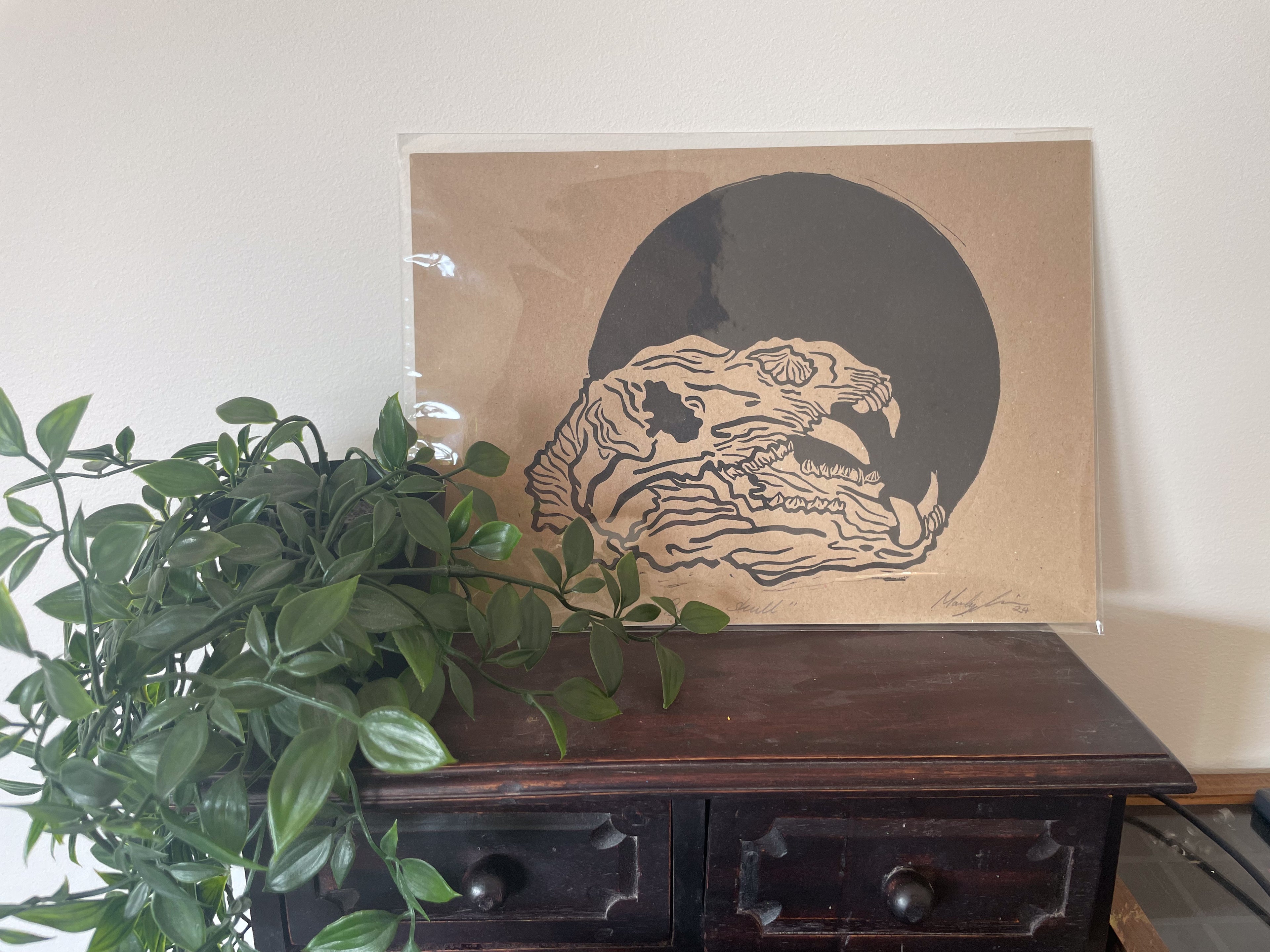 Bear Skull Linocut Print