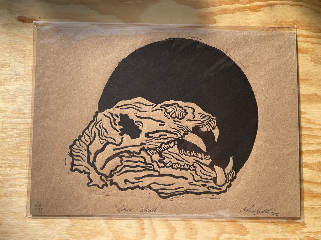 Bear Skull Linocut Print