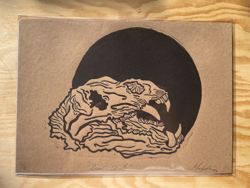 Bear Skull Linocut Print