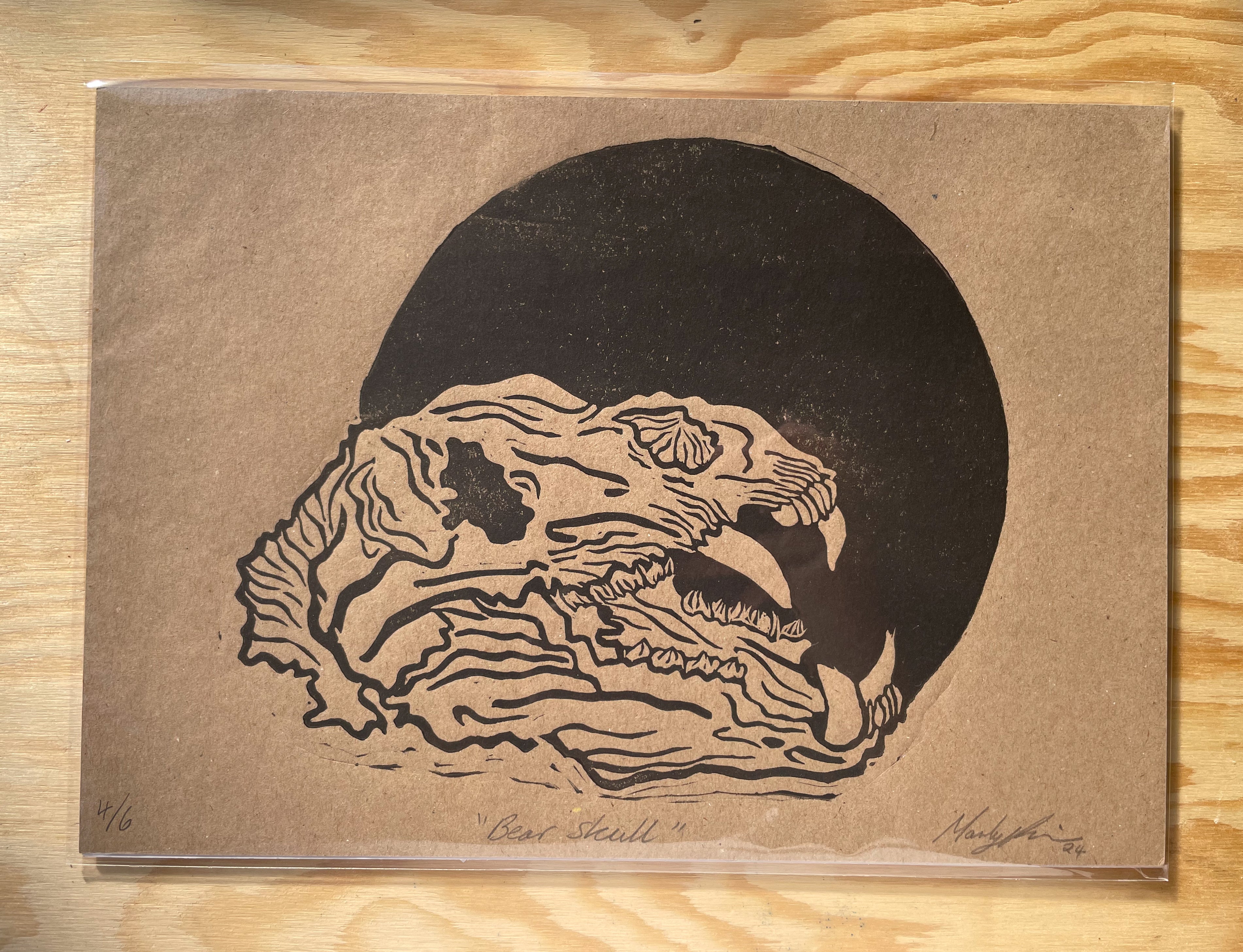 Bear Skull Linocut Print