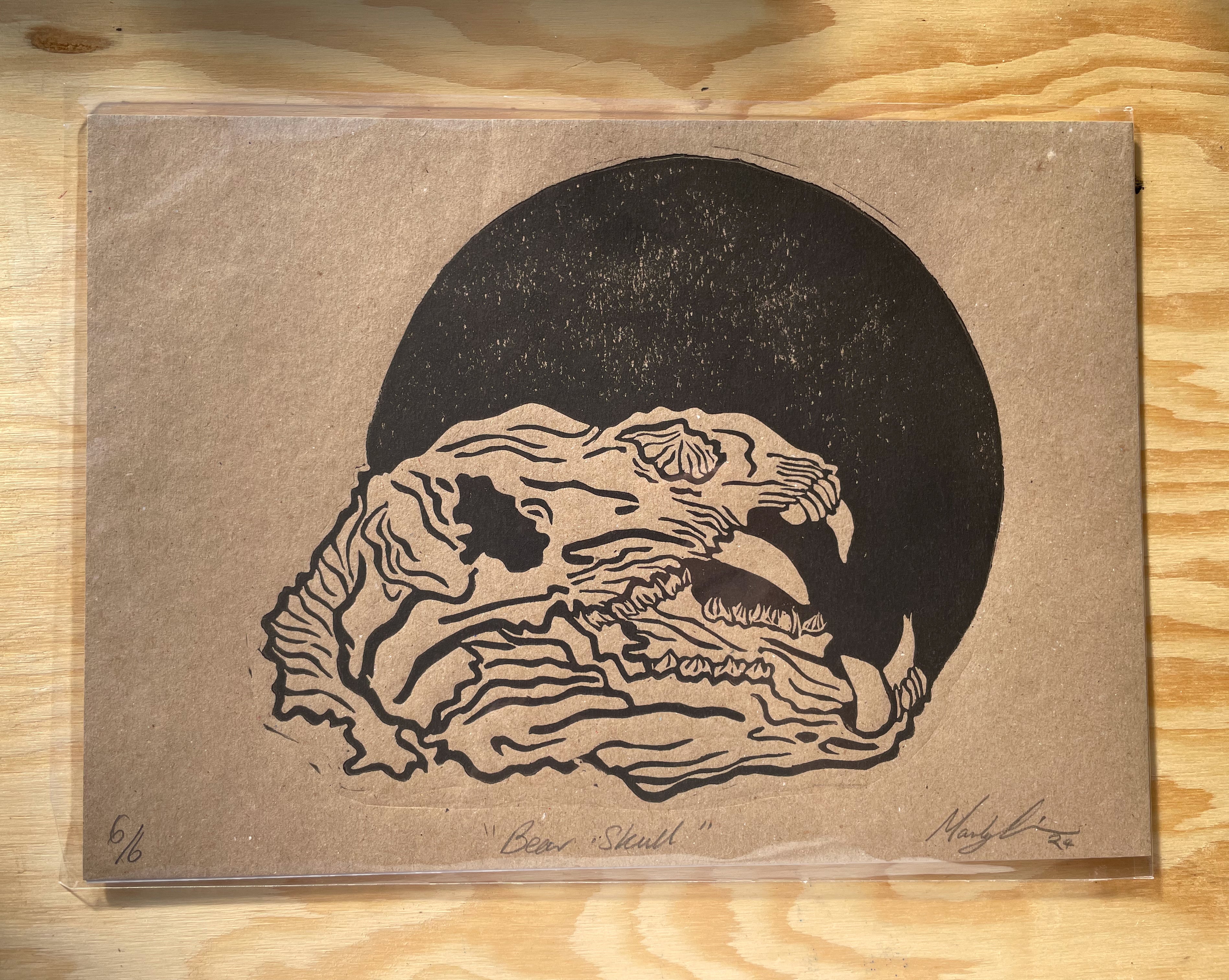 Bear Skull Linocut Print