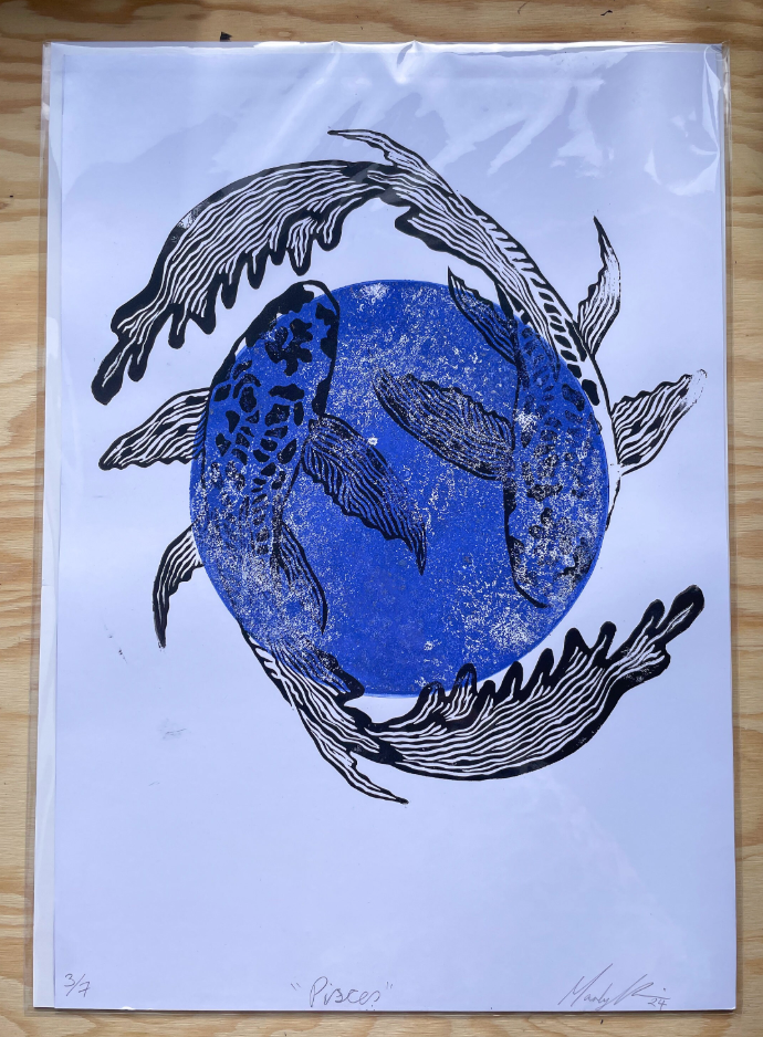 Pisces Zodiac Linocut Print