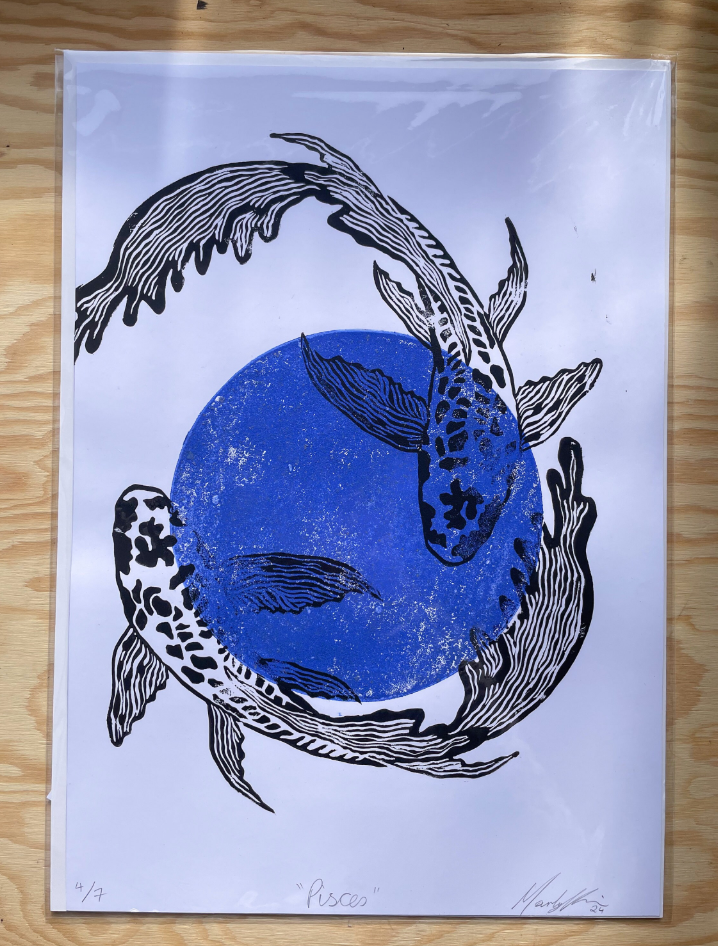 Pisces Zodiac Linocut Print