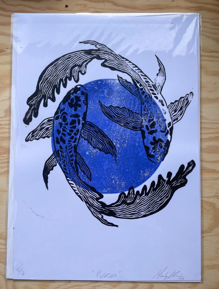Pisces Zodiac Linocut Print