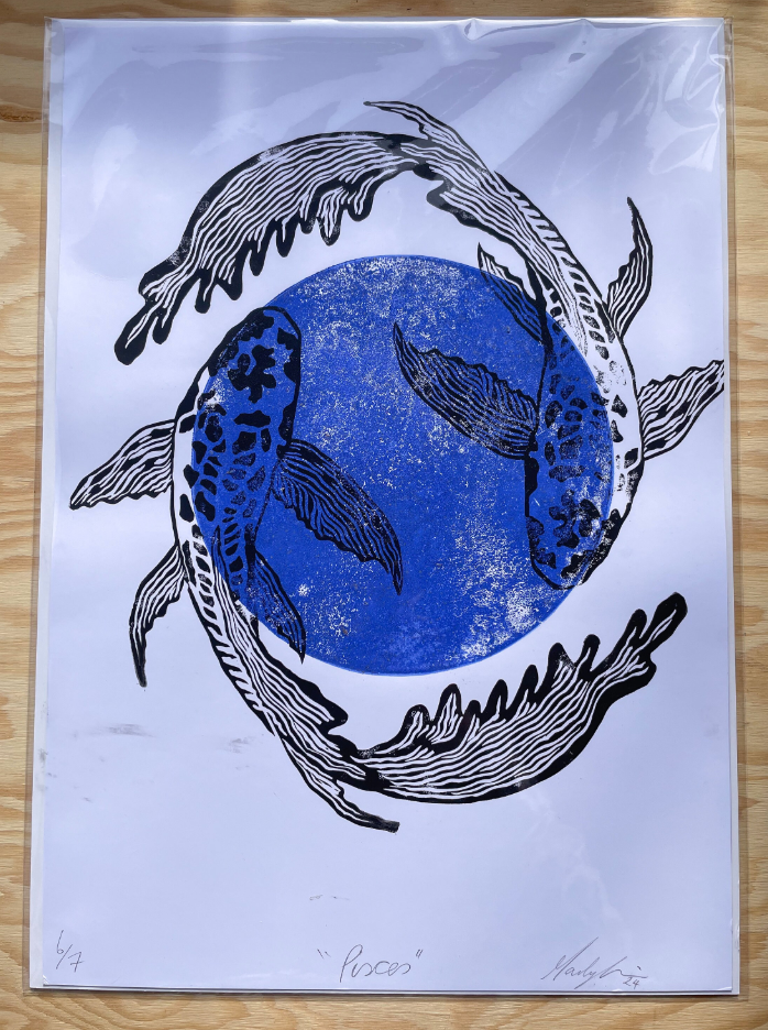 Pisces Zodiac Linocut Print