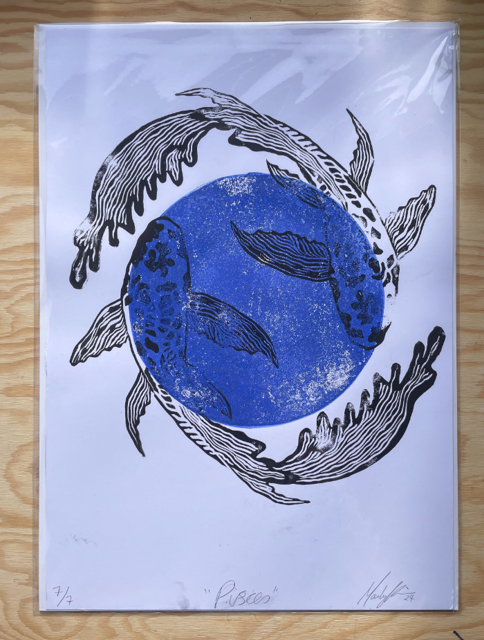 Pisces Zodiac Linocut Print