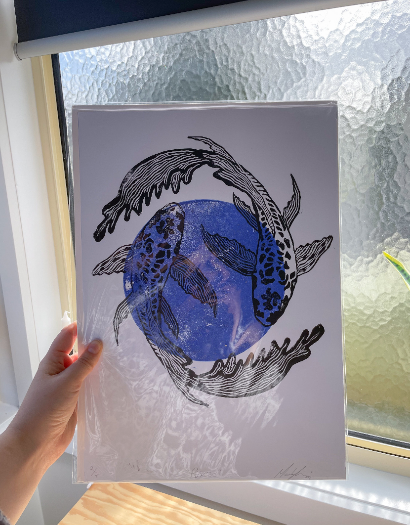 Pisces Zodiac Linocut Print